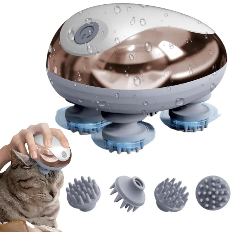 Pet Head Electric Massager for Cats and Dogs, 4 Silicone Heads with 96 Nodes, 3 Speed 360° Kneading Vibration, Relax Muscles Improve Circulation