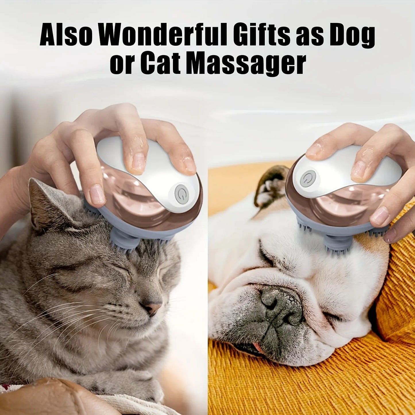 Pet Head Electric Massager for Cats and Dogs, 4 Silicone Heads with 96 Nodes, 3 Speed 360° Kneading Vibration, Relax Muscles Improve Circulation