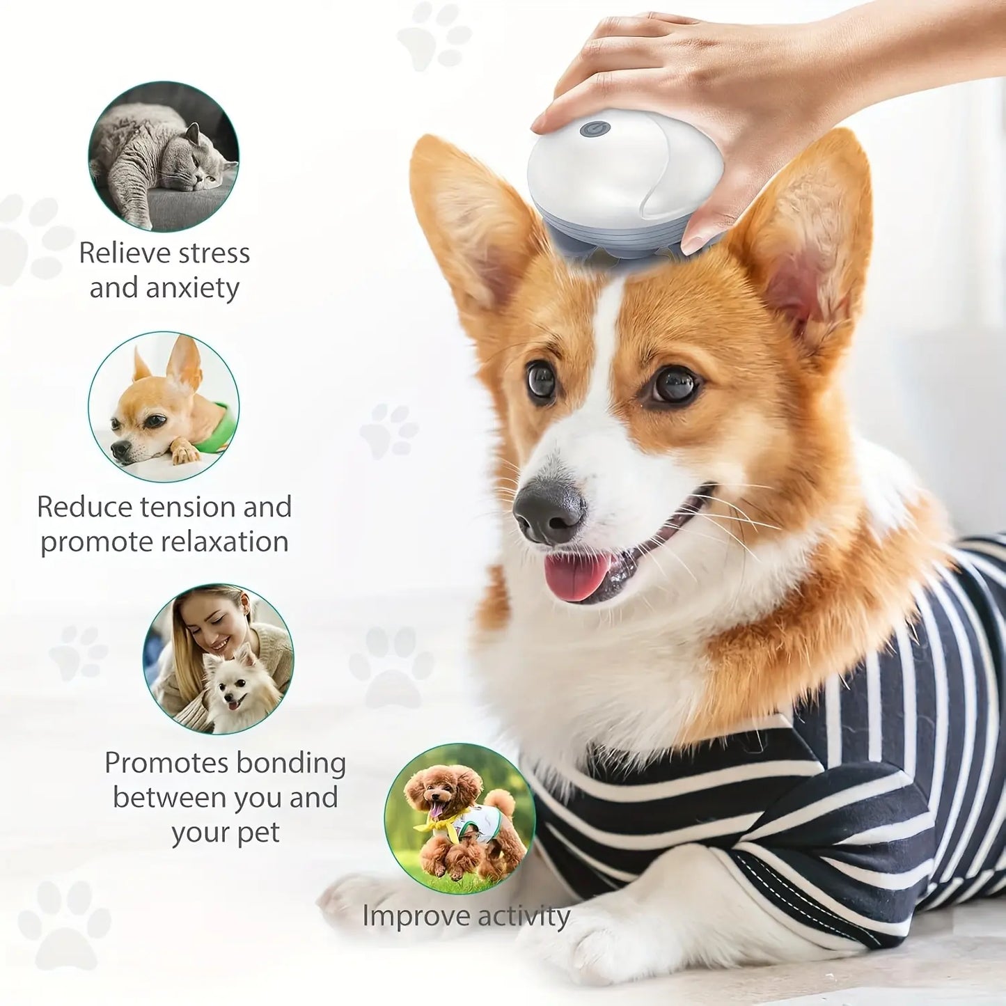 Pet Head Electric Massager for Cats and Dogs, 4 Silicone Heads with 96 Nodes, 3 Speed 360° Kneading Vibration, Relax Muscles Improve Circulation