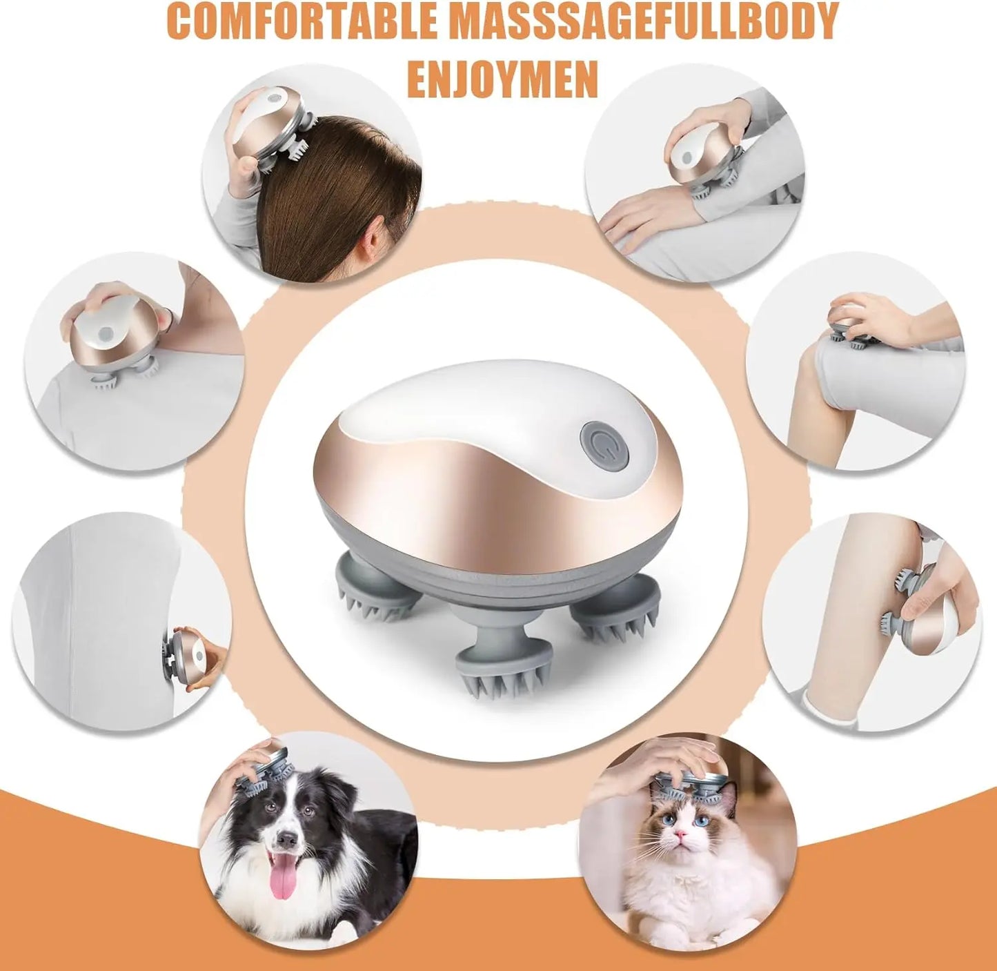 Pet Head Electric Massager for Cats and Dogs, 4 Silicone Heads with 96 Nodes, 3 Speed 360° Kneading Vibration, Relax Muscles Improve Circulation