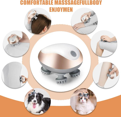 Pet Head Electric Massager for Cats and Dogs, 4 Silicone Heads with 96 Nodes, 3 Speed 360° Kneading Vibration, Relax Muscles Improve Circulation